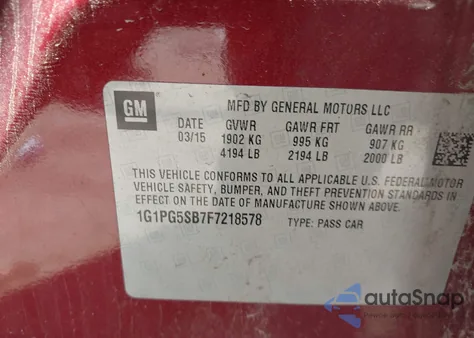 2015 Chevrolet Cruze Ltz из США, поврежденный, VIN 1G1PG5SB7F7218578